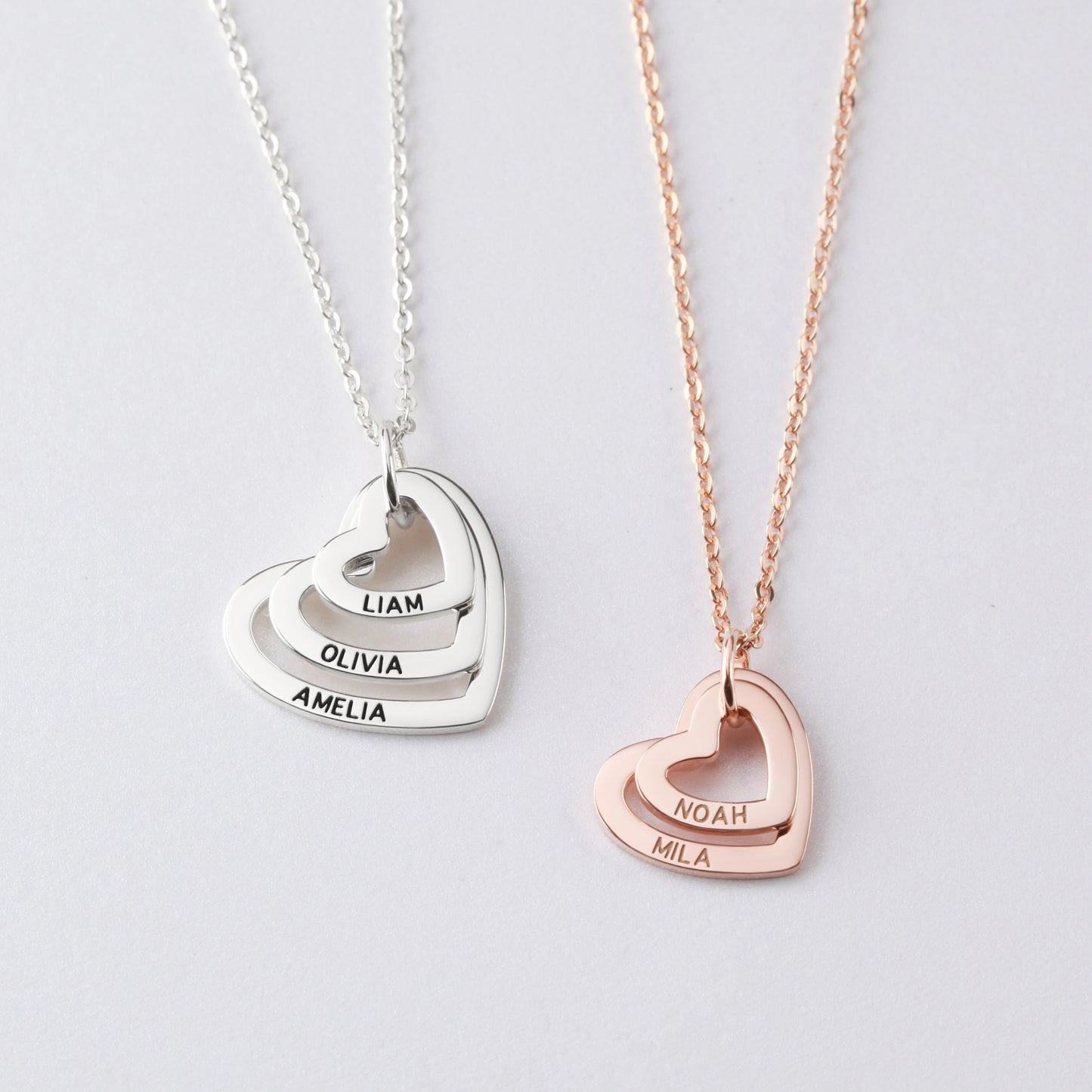 Personalized Heart Necklace – Custom Engraved Family Names Pendant in Sterling Silver