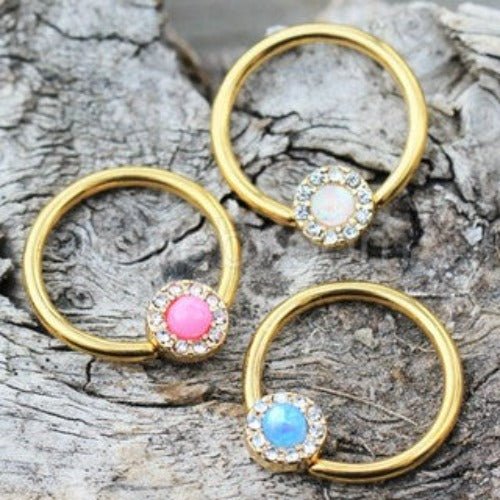 Gold-Plated Opal Captive Bead Ring – 14GA Nipple Jewelry with Cubic Zirconia