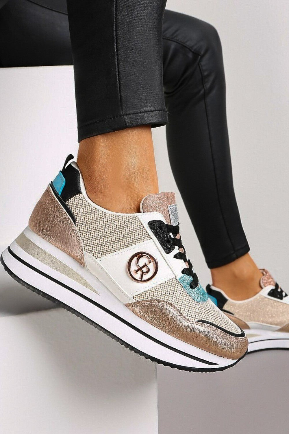 Fashion sneakers with decorative detail, FF525, champagne color.