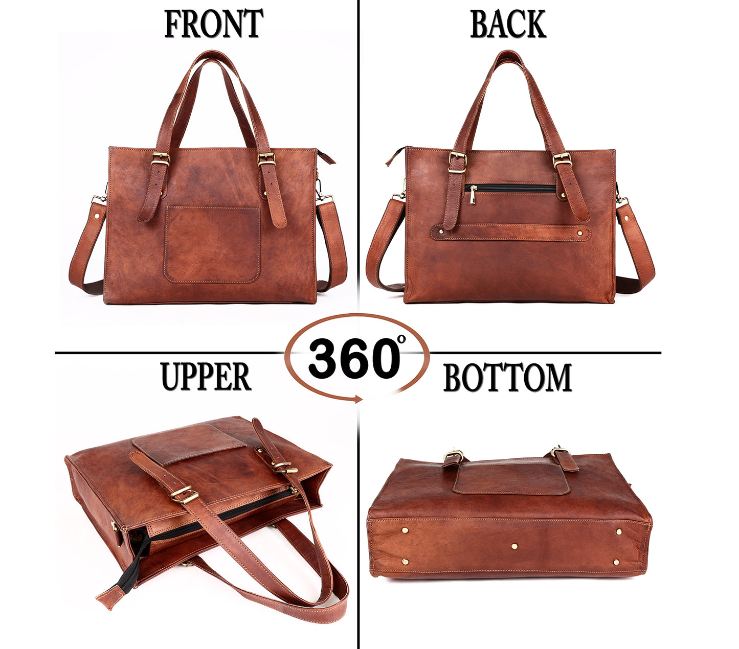 Women’s Leather Laptop Tote Bag – Large Work Handbag with Shoulder Strap
