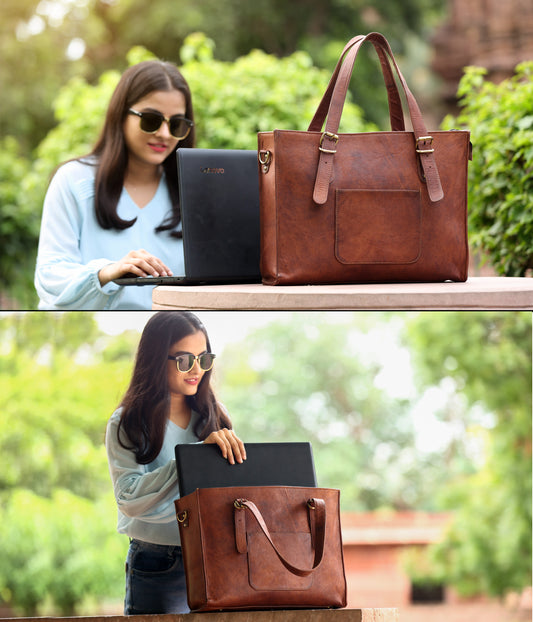 Women’s Leather Laptop Tote Bag – Large Work Handbag with Shoulder Strap