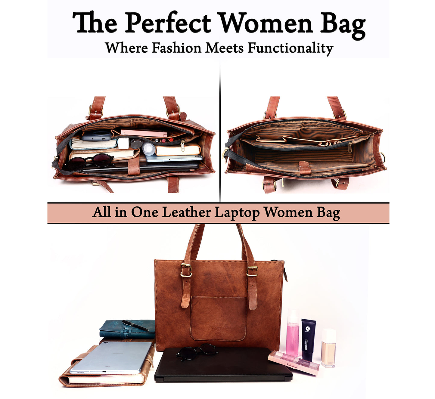 Women’s Leather Laptop Tote Bag – Large Work Handbag with Shoulder Strap