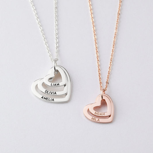 Personalized Heart Necklace – Custom Engraved Family Names Pendant in Sterling Silver