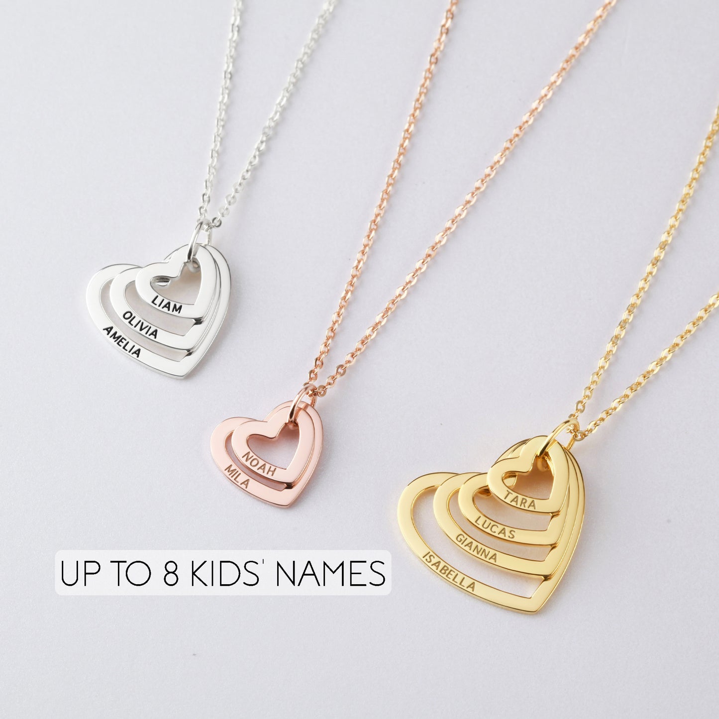 Personalized Heart Necklace – Custom Engraved Family Names Pendant in Sterling Silver