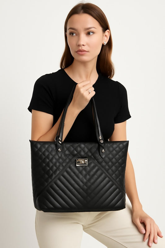 Chic Black Quilted Tote Bag with Dual-Texture Design