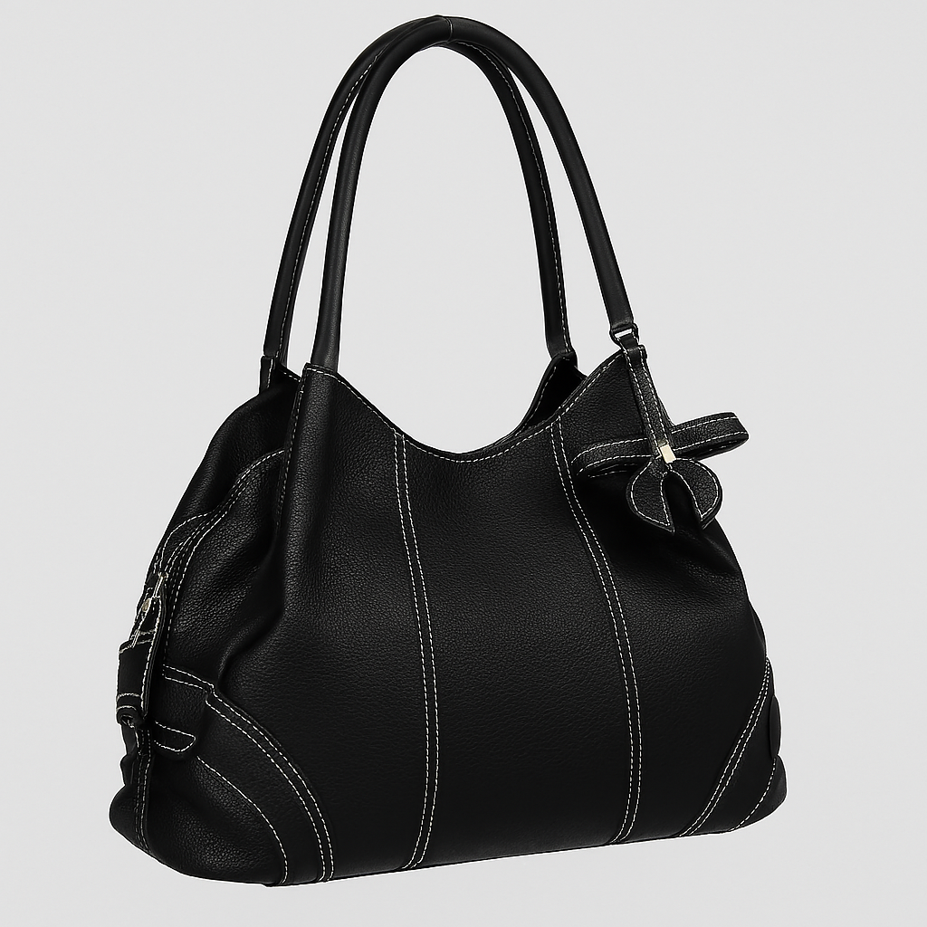 Elegant Black Tote Handbag – Women’s Shoulder Bag with Contrast Stitching (Black)