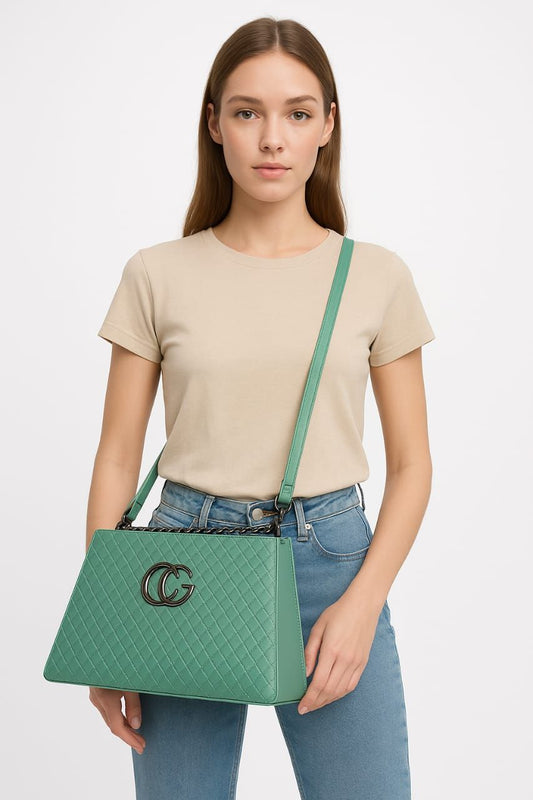 Elegant Green Quilted Crossbody Bag with Double G Logo and Chain